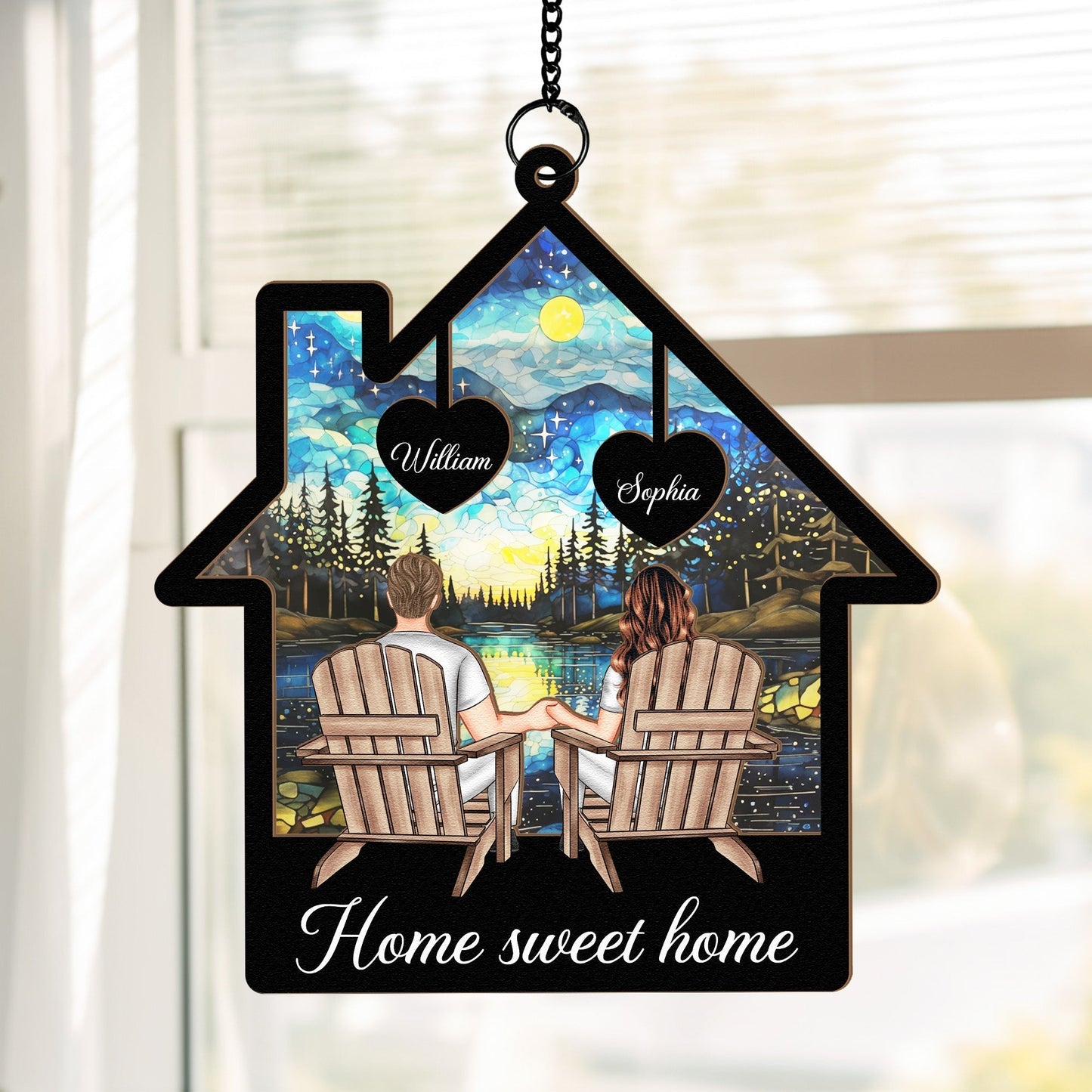 Starlit Forest Scene Couple Ornament – Personalized Wood and Acrylic Hanging Keepsake for Lovers