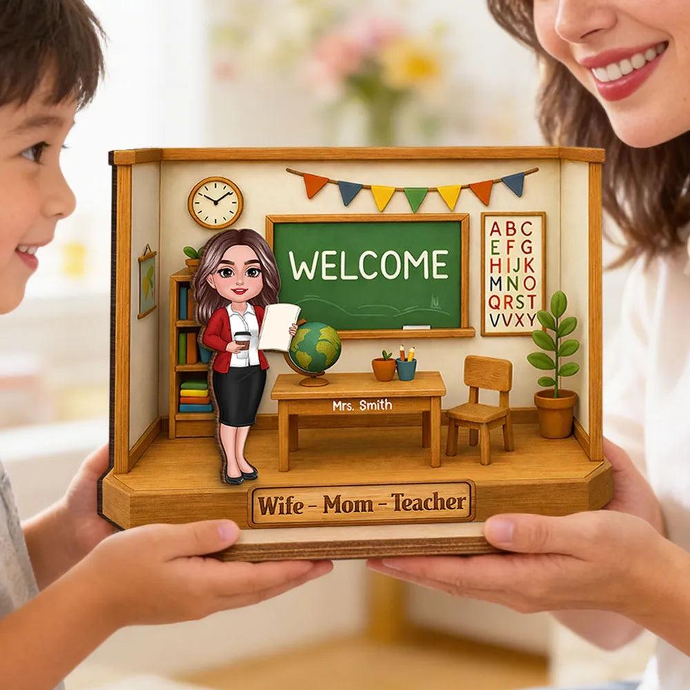Personalized 2-Layer Wooden Plaque, Classroom Welcome Teacher Scene, Unique Gift for Teacher Mom with Heartfelt Vibe