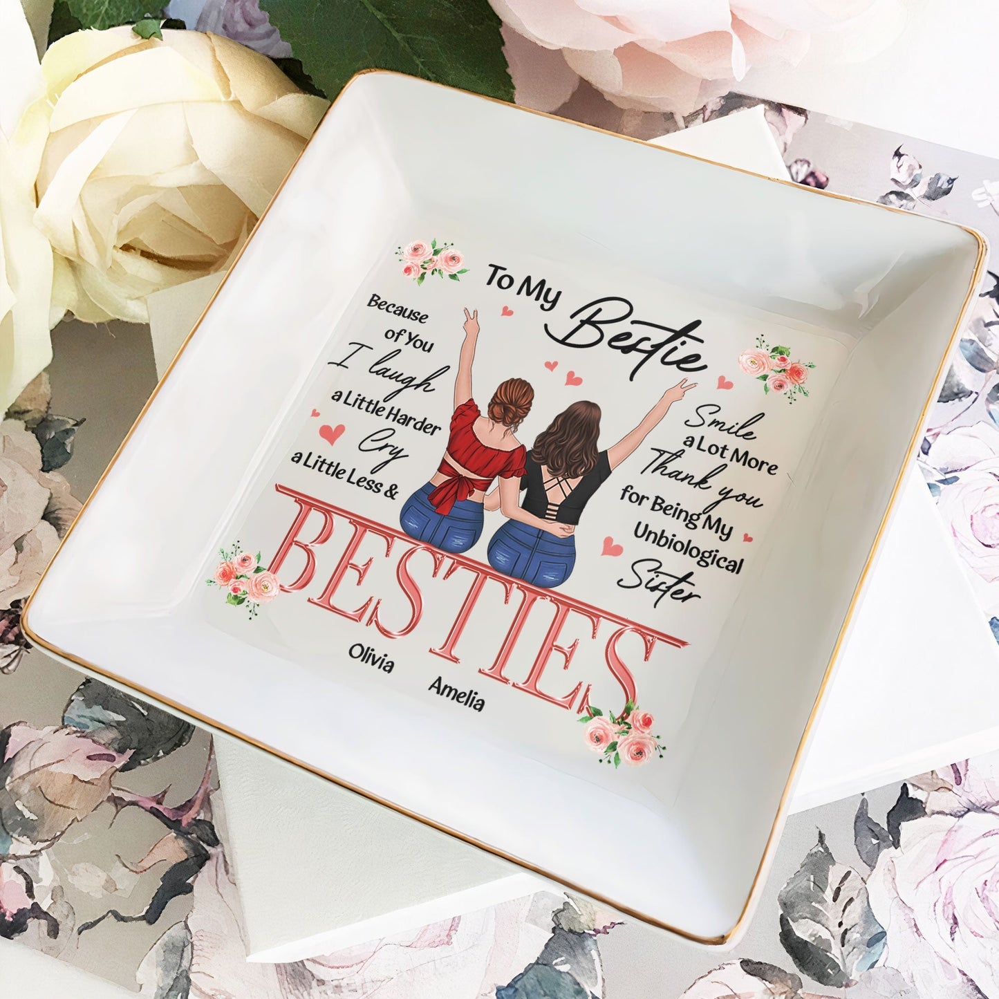Besties Forever Jewelry Dish – Gift for Soul Sister, Because of You I Laugh a Little Harder Friendship Gift