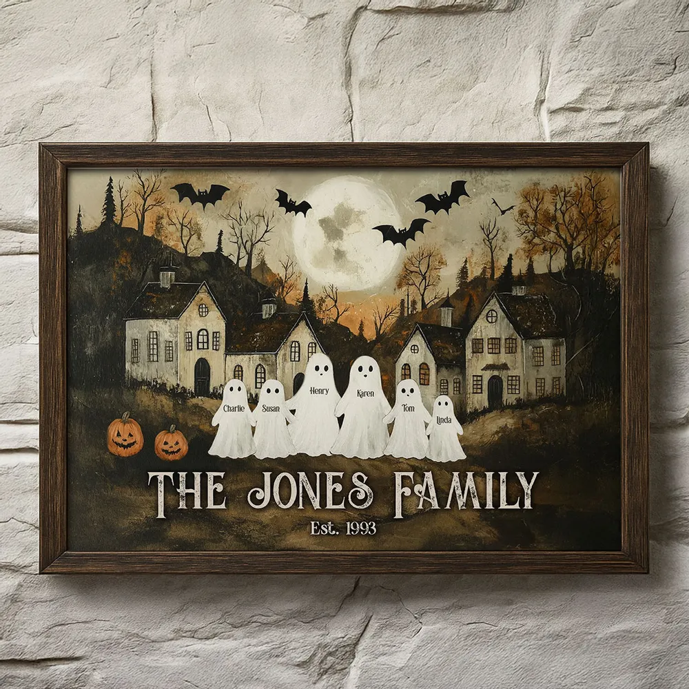 Halloween Family Ghost Poster | Vintage Pumpkins and Moonlit Scene, Perfect Gift for Home Décor