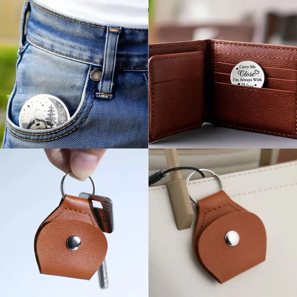 Carry Me Close Pocket Hug Memorial Gift, Clear Print Metal Coin with Leather Keychain Case, Portable Pet Remembrance Keepsake