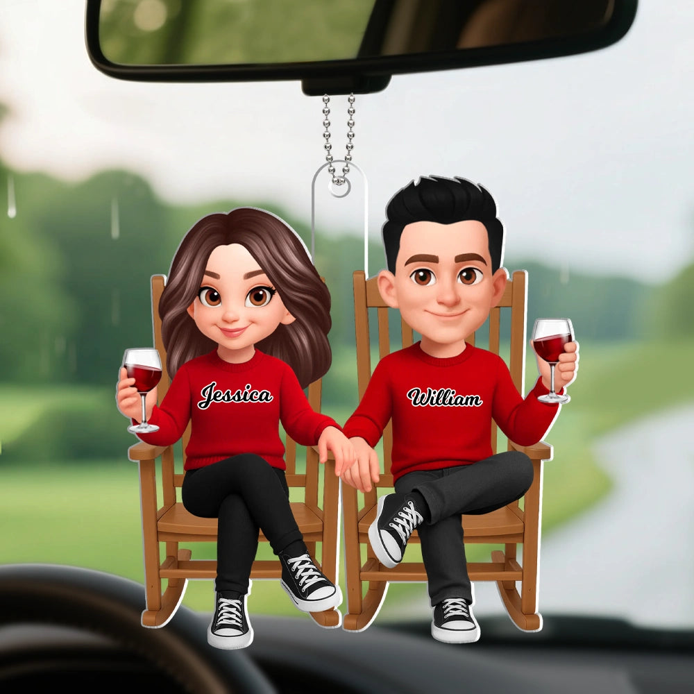 Personalized Acrylic Car Hanger Cute Cartoon Couple Toasting Wine Rearview Mirror Decor Unique Gift for Couples