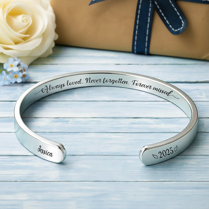Personalized Stainless Steel Cuff Bracelet Memorial Gift · Custom Message Keepsake for Loved One · Always Loved Never Forgotten