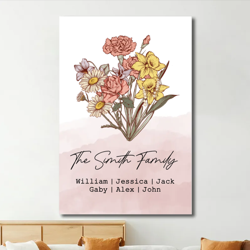 Family Blossoms - Custom Birth Flower & Names Artwork - Personalized Canvas or Poster for Your Home