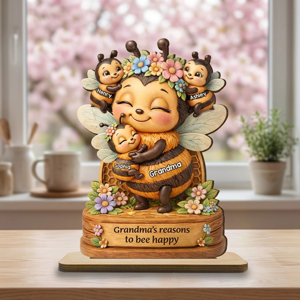 Personalized 2-Layer Wooden Plaque Grandma's Reasons to Bee Happy Cute Bee Family Keepsake Unique Gift for Grandma