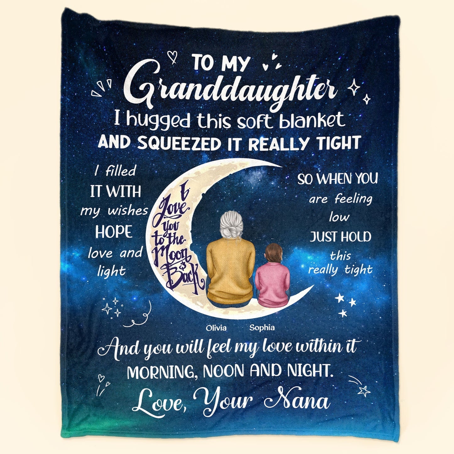 Granddaughter Blanket - Galaxy Moon & Stars, grandma & child sitting, I love you to the moon and back - unique gift