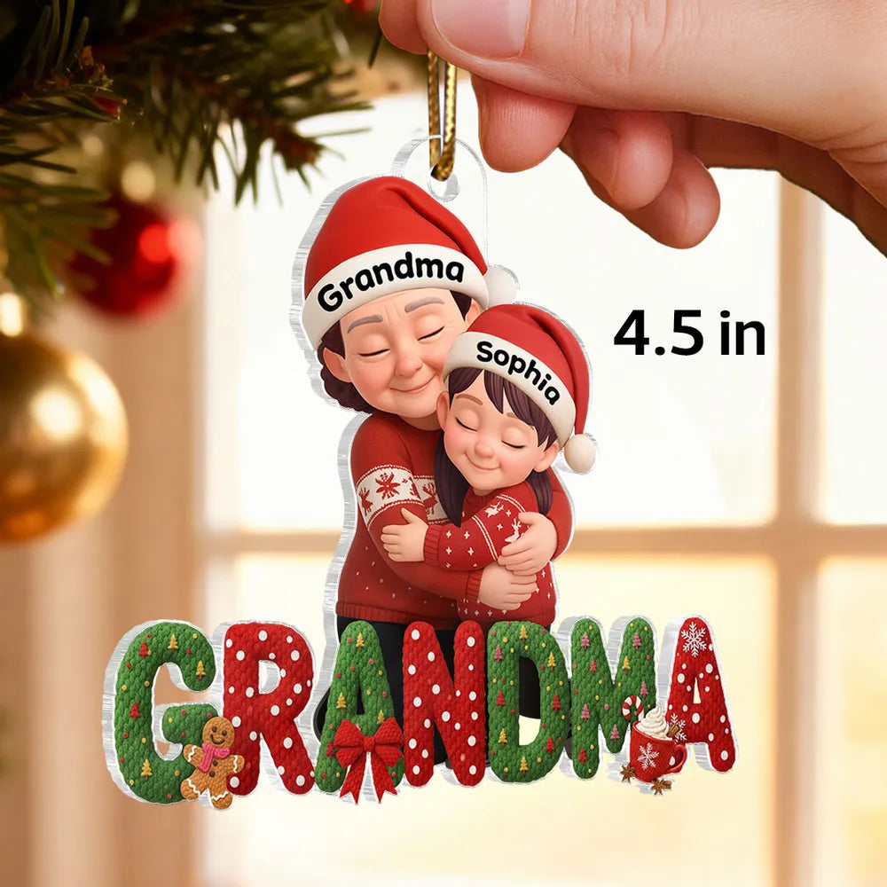 Grandma & Grandkids Acrylic Ornament, Santa Hats Hugging Design, Christmas Tree Decor, a unique gift for Grandma
