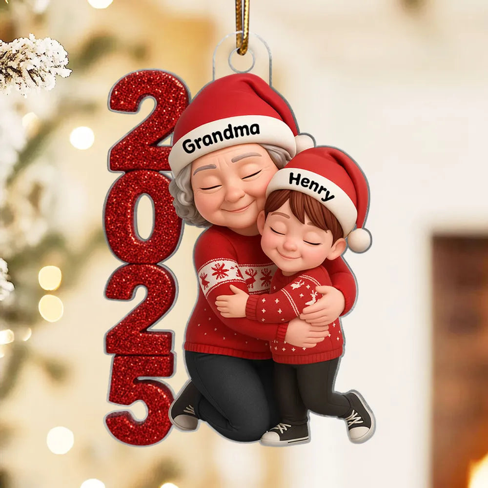 Acrylic Ornament - Personalized Grandma & Grandchild Hugging, Snowy Window - Christmas Keepsake, Unique Gift for Grandma