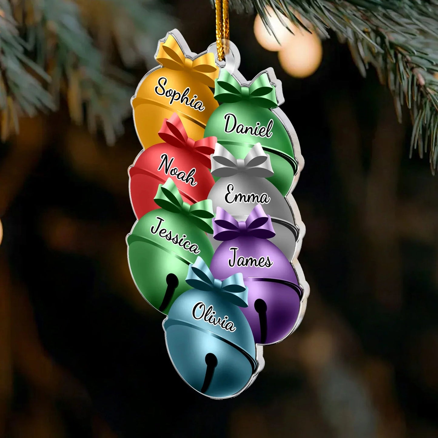 Personalized Acrylic Ornament with Colorful Family Christmas Bells, Custom Holiday Decor, Unique Gift for Festive Home Decoration