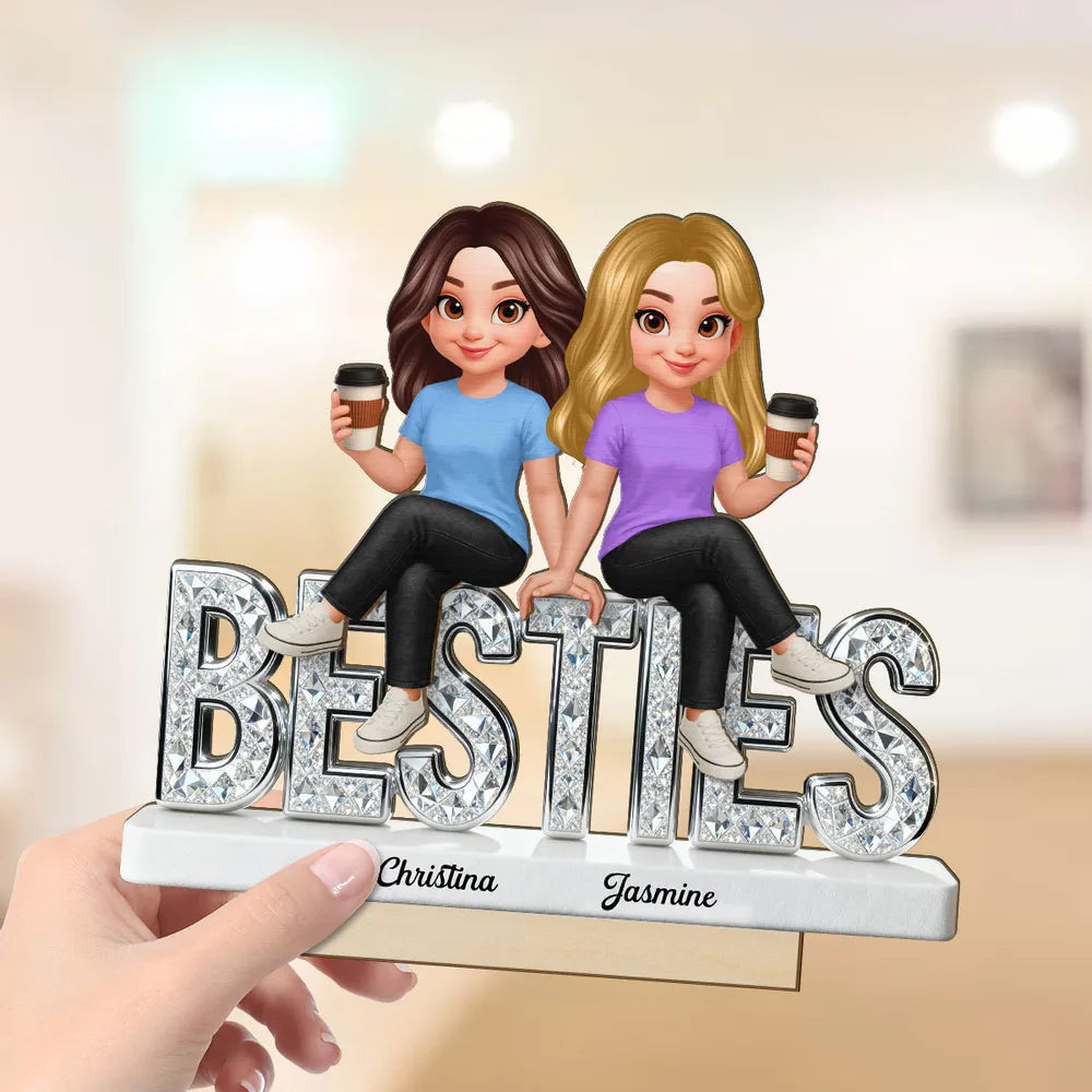 Personalized Besties 2-Layer Wooden Plaque, Cute Cartoon Best Friends Holding Coffee, Unique Gift for Best Friend