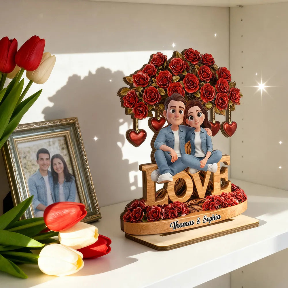 Personalized 2-Layer Wooden Plaque Couple on LOVE Bench with Rose Tree and Hearts, Unique Valentine's Day Gift