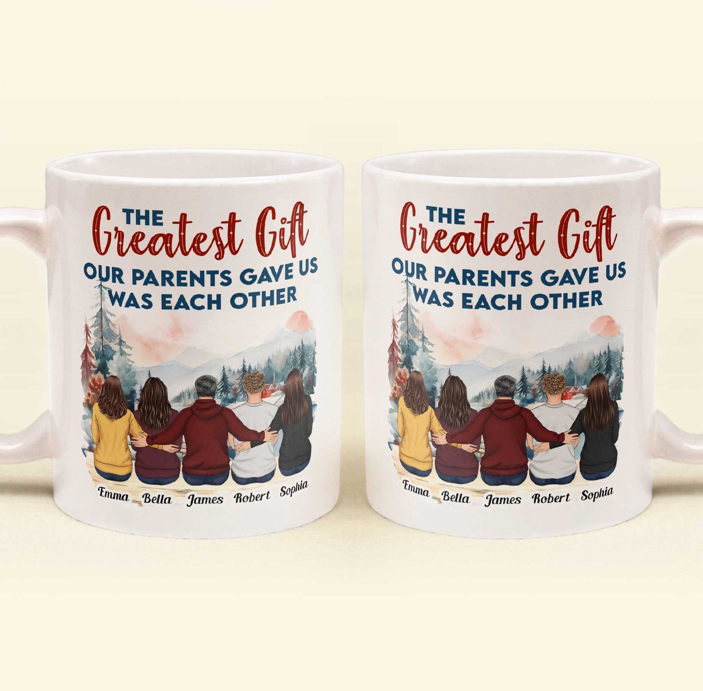 Family Mug with Illustration & Quote, siblings sitting in a snowy mountain scene, a unique gift for Mom & Dad