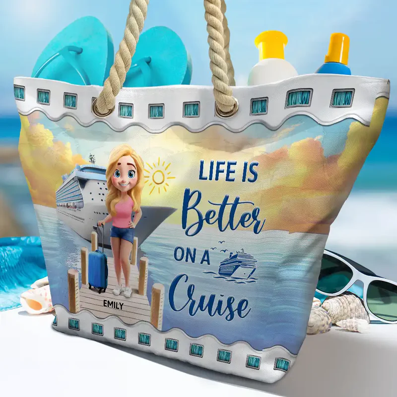 Personalized Rope Handle Canvas Bag Cruise Girl Beach Scene, Cute Cartoon Travel Gift for Cruise Lovers