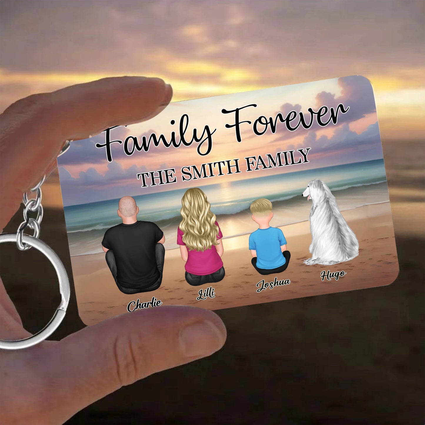 Family Forever Beach Design - Personalized Leather Tote Bag, Wooden Carhanger, LED Plaque, Keychain, Poster, Wallet Card, and Pillow, Unique Gift