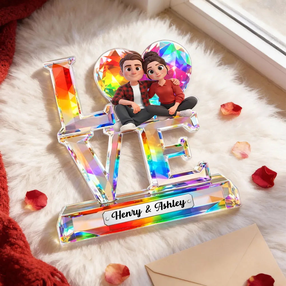 Personalized LOVE Shaped Acrylic Block Plaque With Cozy Sitting Couple, Rainbow Crystal Look Decor, Unique Gift For Her Or Him