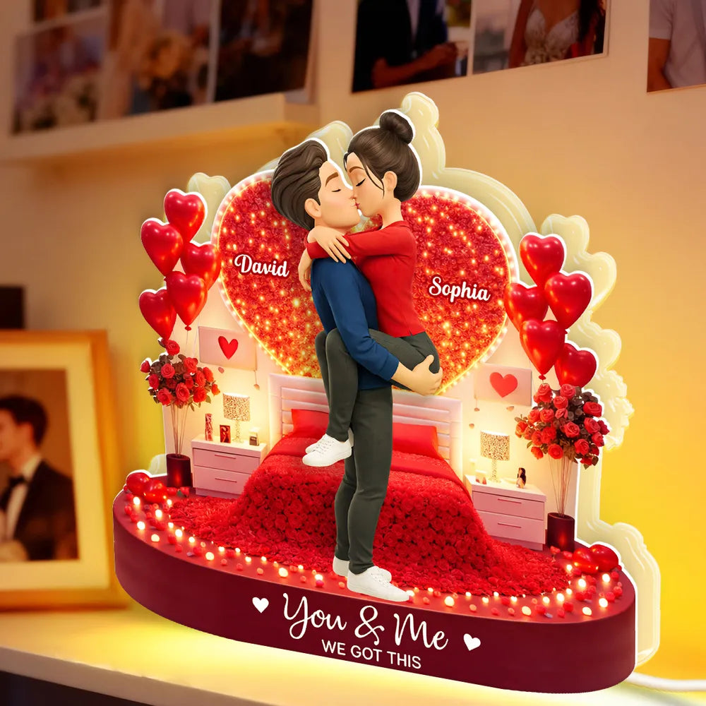 Personalized Acrylic Light Box Kissing Couple in Romantic Bedroom Scene - Unique Valentine's Day Gift for Couples