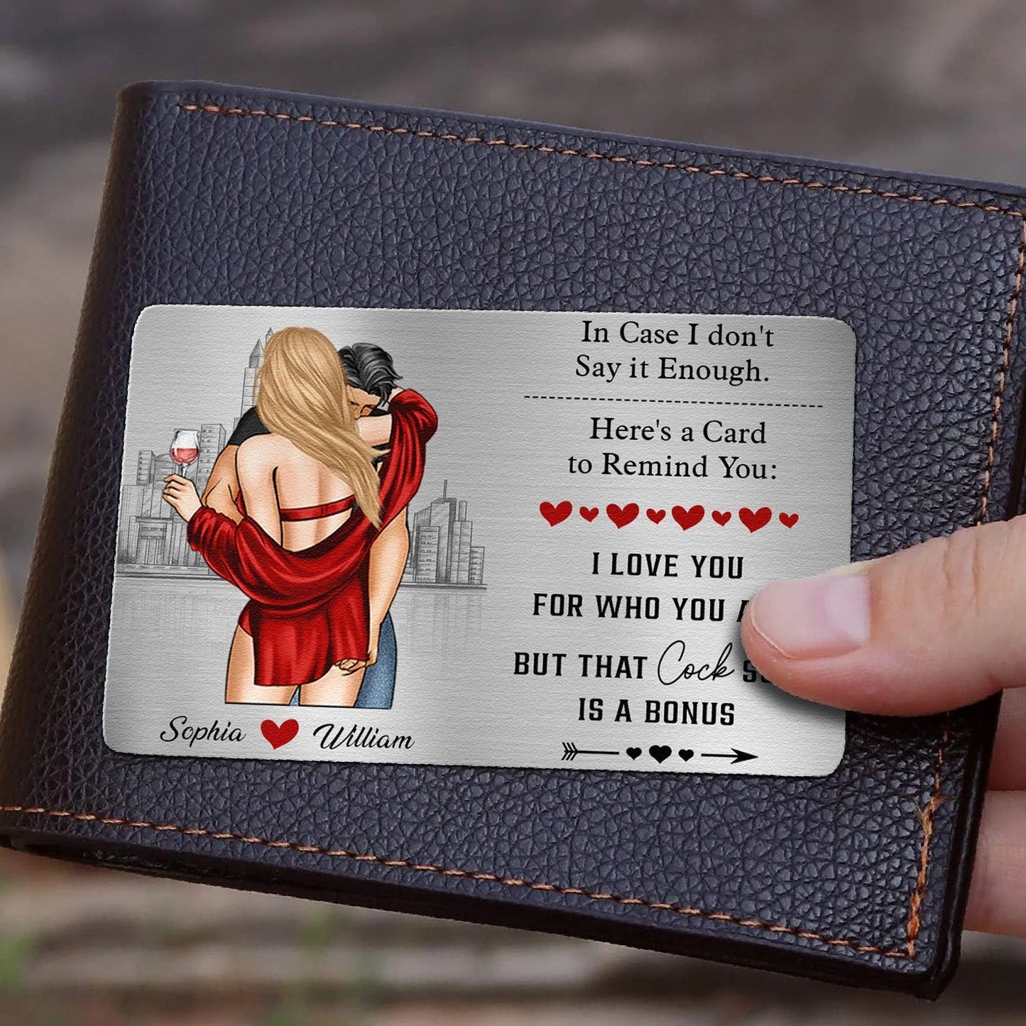 Personalized Metal Wallet Card Couples Hugging City Sketch - Funny Love Note Keepsake, Unique Gift for Husband or Boyfriend