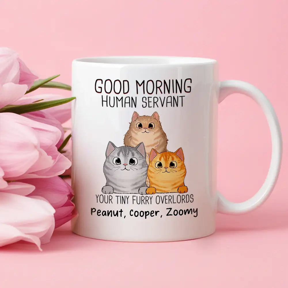 “Good Morning, Human Servant” Custom Cat Name Mug – Furry Overlord Edition