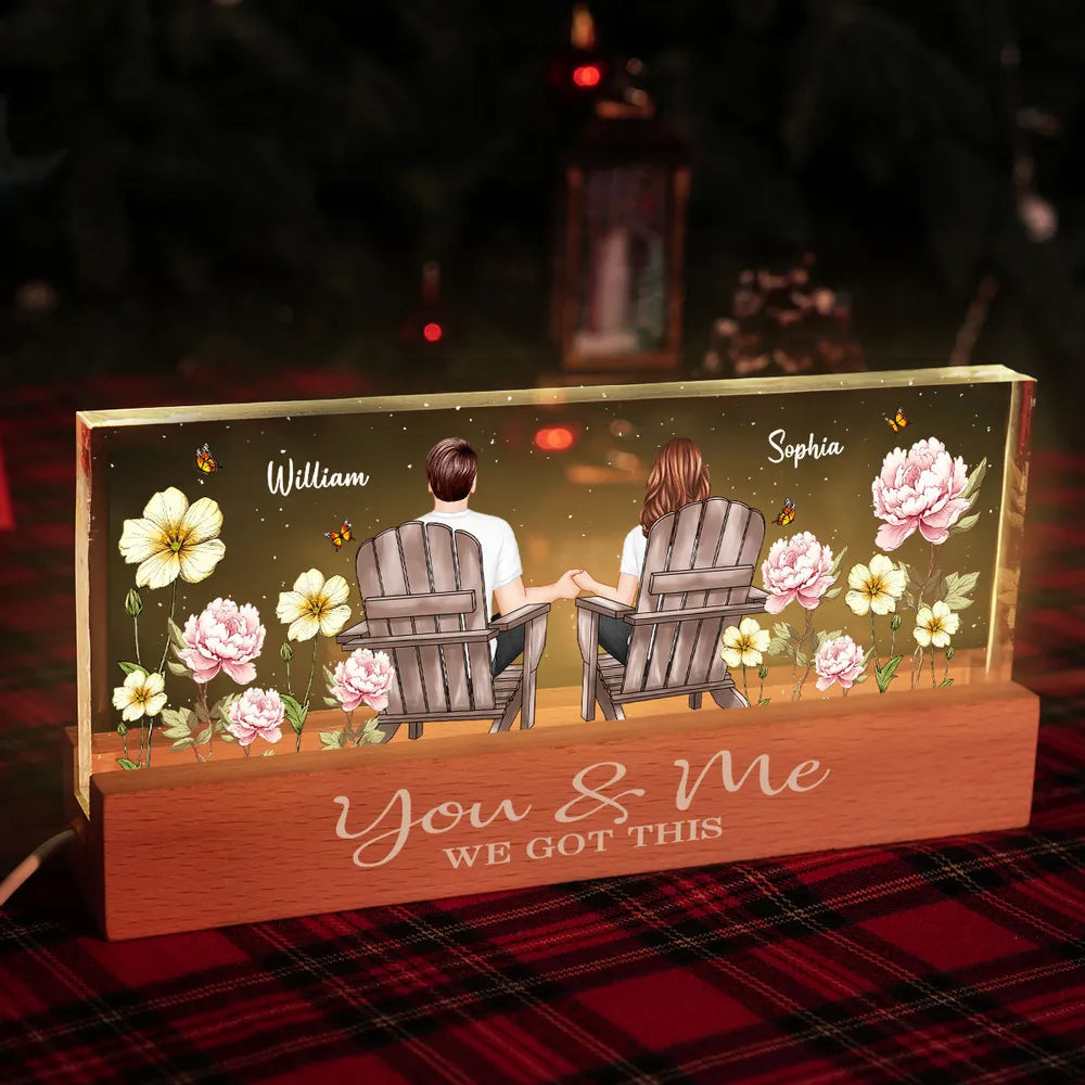 Personalized Block LED Light Plaque with Couple Holding Hands in Adirondack Chairs, Romantic Night Light Gift for Him or Her