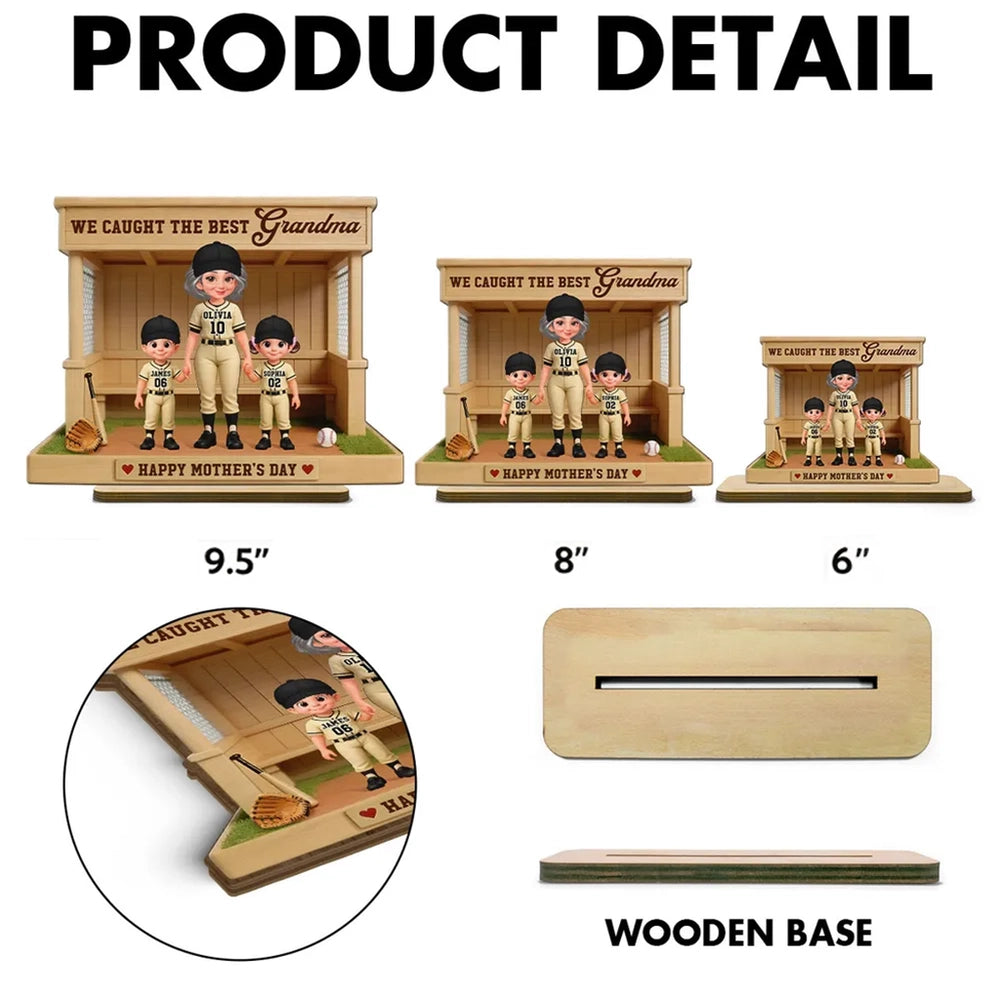 Personalized 2-Layer Wooden Plaque with Baseball Grandma and Grandkids in a Dugout - Unique Mother's Day Gift