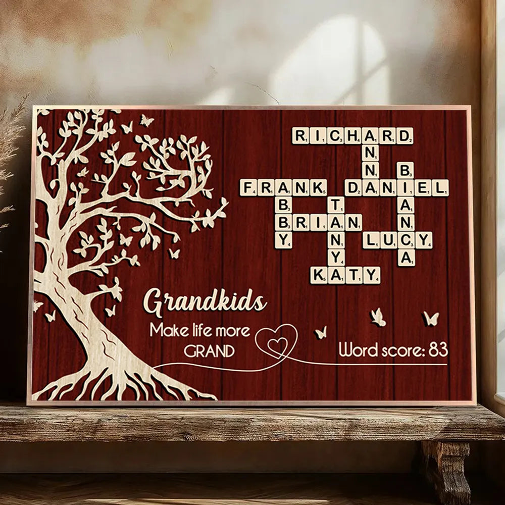 Personalized Grandkids Poster with Family Tree & Crossword Names – Custom Wall Art Gift for Grandma & Grandpa, Unique Home Decor Keepsake