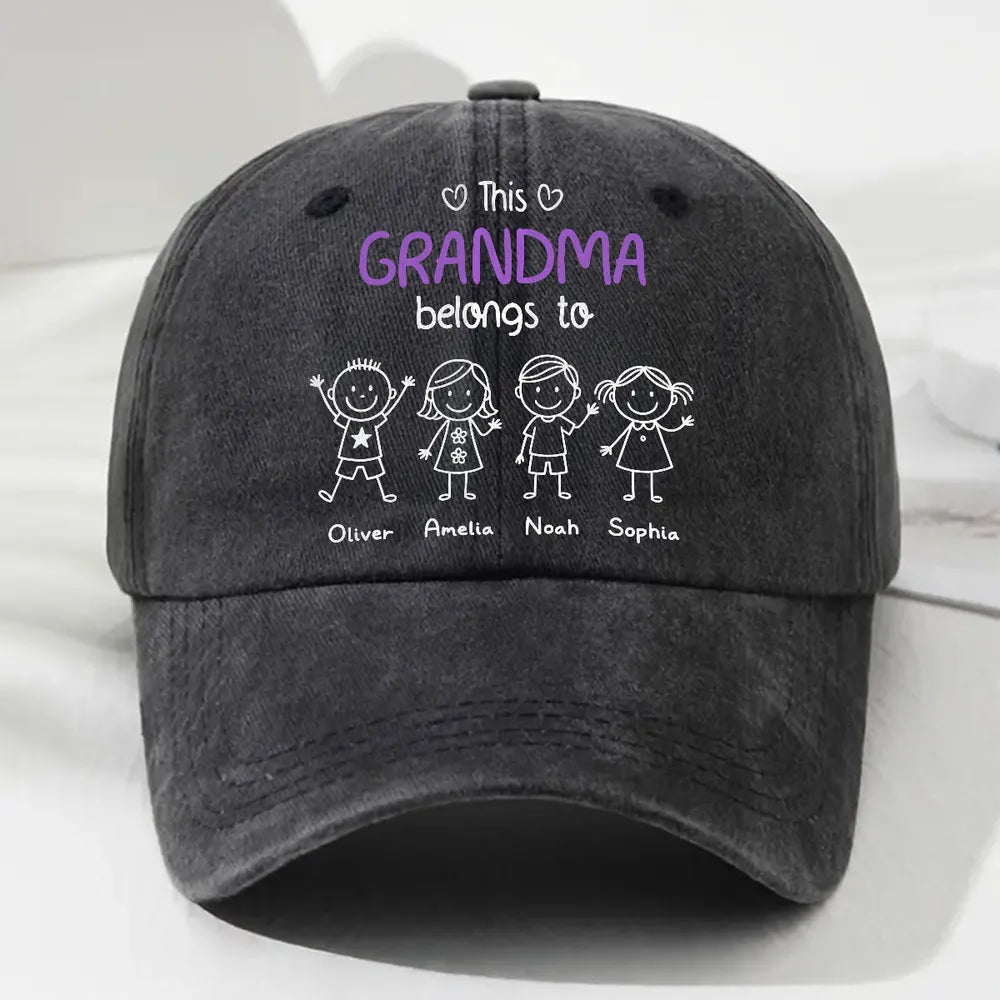 Washed Denim Baseball Cap - 'This Grandma Belongs To' Personalized, Hand-Drawn Stick Kids, Unique Gift for Grandma
