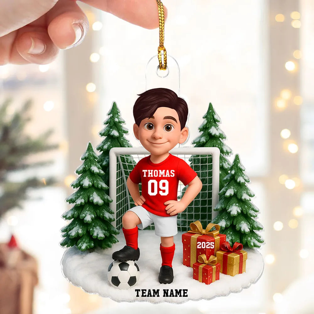 Kids Soccer Goal Ornament with Snowy Ball & Net Scene | Holiday Gift