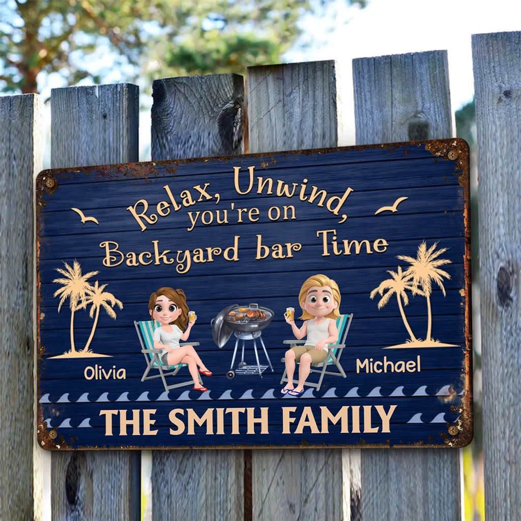 Personalized Patio Time Rectangular Iron Sign with Relax, Unwind Quote, Couple by the Grill, Unique Outdoor Gift