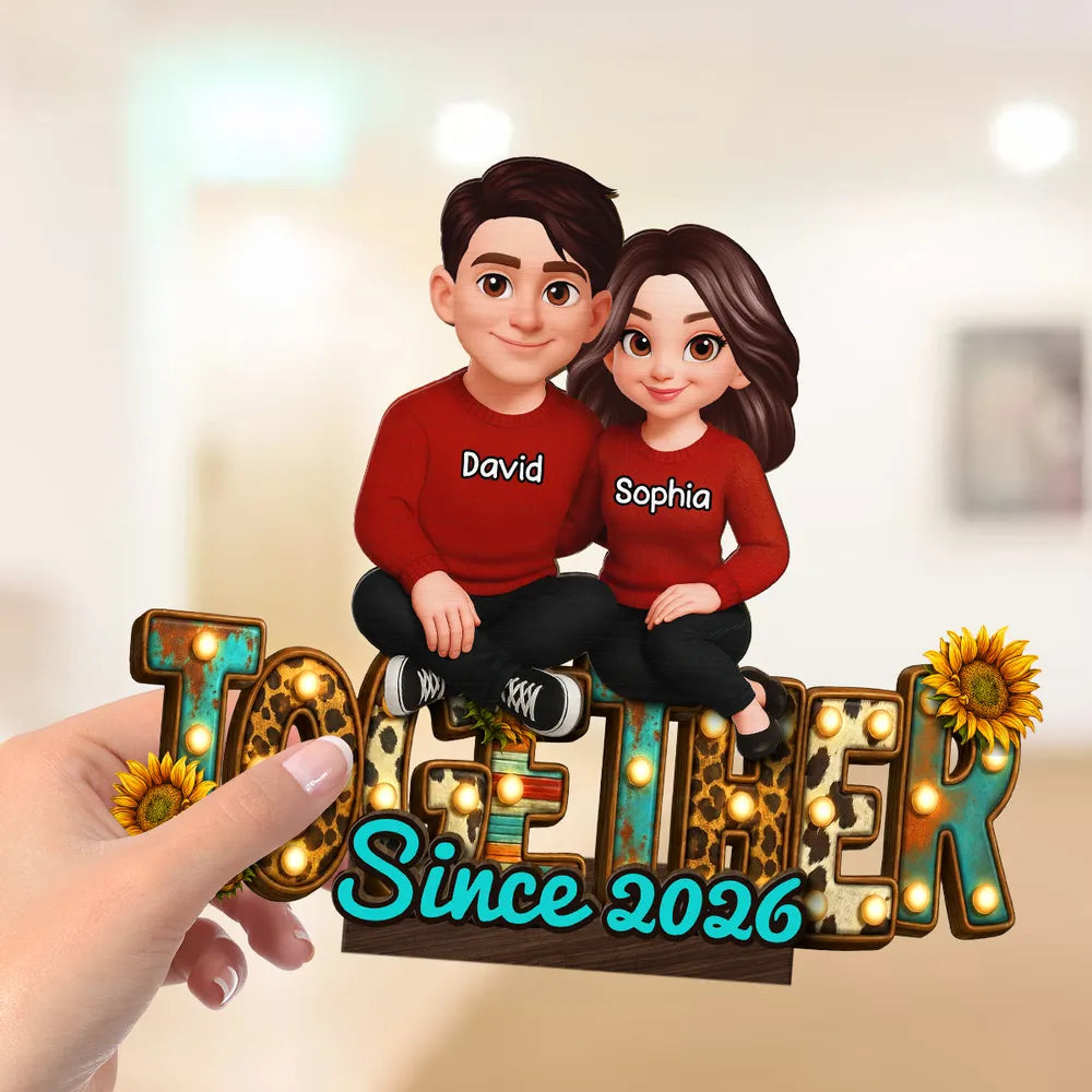 2-Layer Wooden Plaque with Cute Cartoon Couple Sitting Together, Sweet Home Decor Keepsake Gift