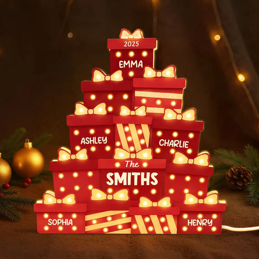Christmas Acrylic Light Box with Marquee Gift-Box Tree, Warm Glow, Personalized, Unique Gift for Family & Friends