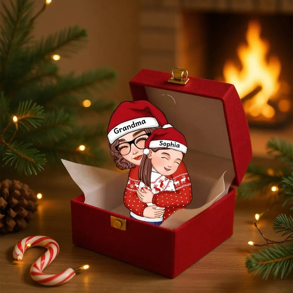 Acrylic Ornament with Grandma & Granddaughter Hug Design, Christmas Sweater Style, Clear Print, Perfect Holiday Gift