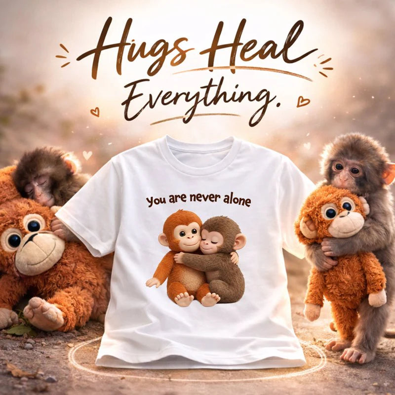 Personalized Classic Tee with Hugging Baby Monkeys You are never alone Quote - Unique Cute Gift for a Best Friend