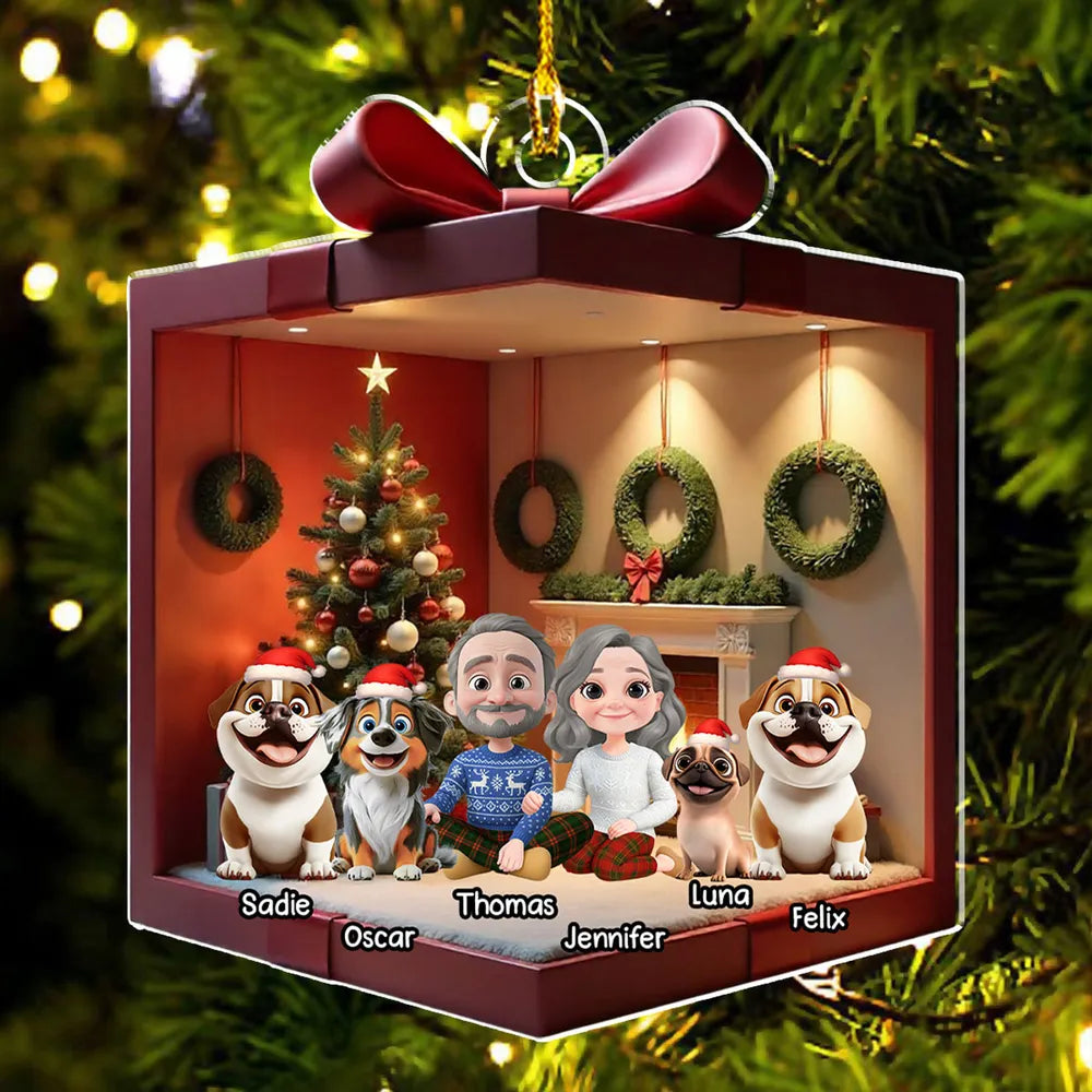 Festive Acrylic Ornament Featuring Family & Dog Under Christmas Tree – Ideal Holiday Gift