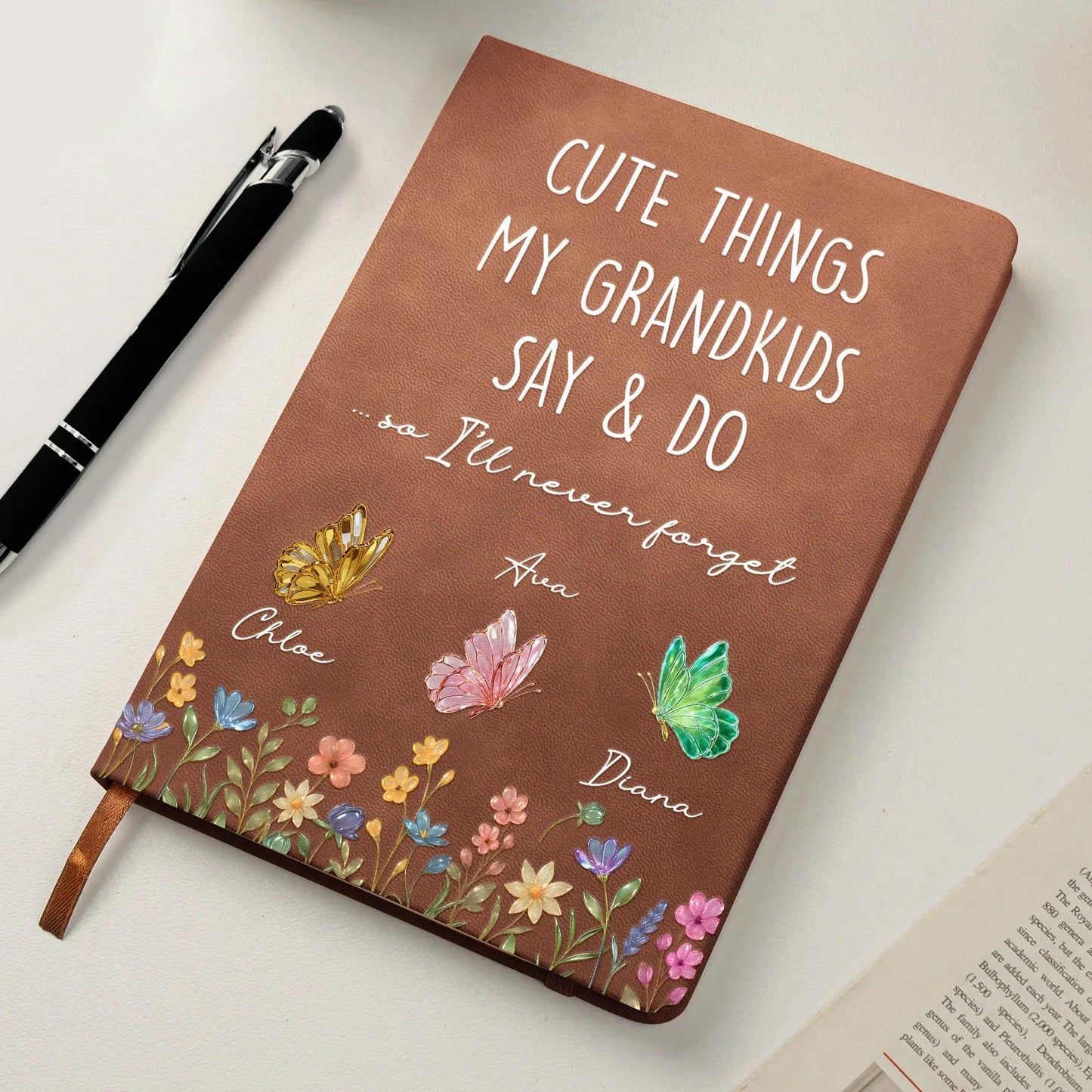 Personalized Leather Journal Cute Things My Grandkids Say & Do Butterfly Floral Design Unique Gift For Grandma