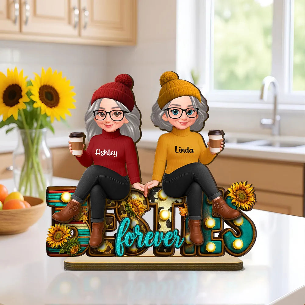 Wooden Plaque Besties Forever Sunflower Letters, Sitting Best Friends with Coffee, Cozy Fall Vibes, Unique Friend Gift