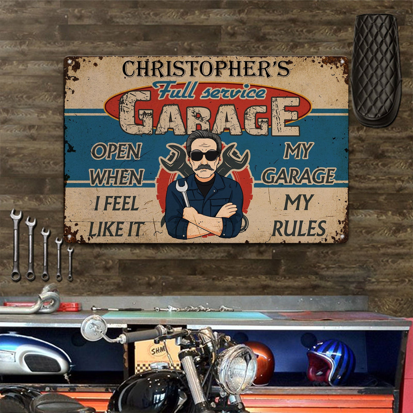 Personalized Rectangular Iron Sign, Retro Full Service Garage Cartoon Mechanic, My Garage My Rules, Unique Gift