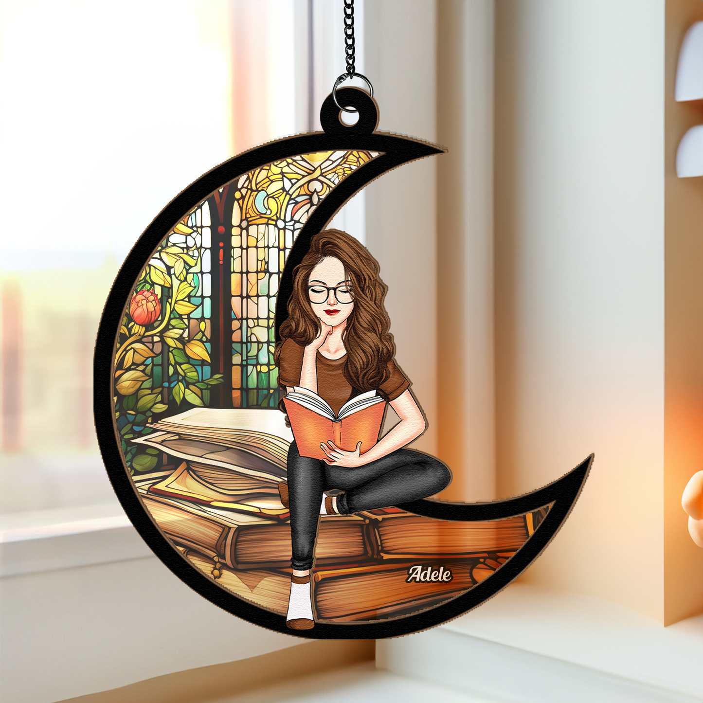 Book Lover Ornament with Stained Glass Window, Reading Girl Sitting on Crescent Moon, Cozy Home Décor Gift for Readers