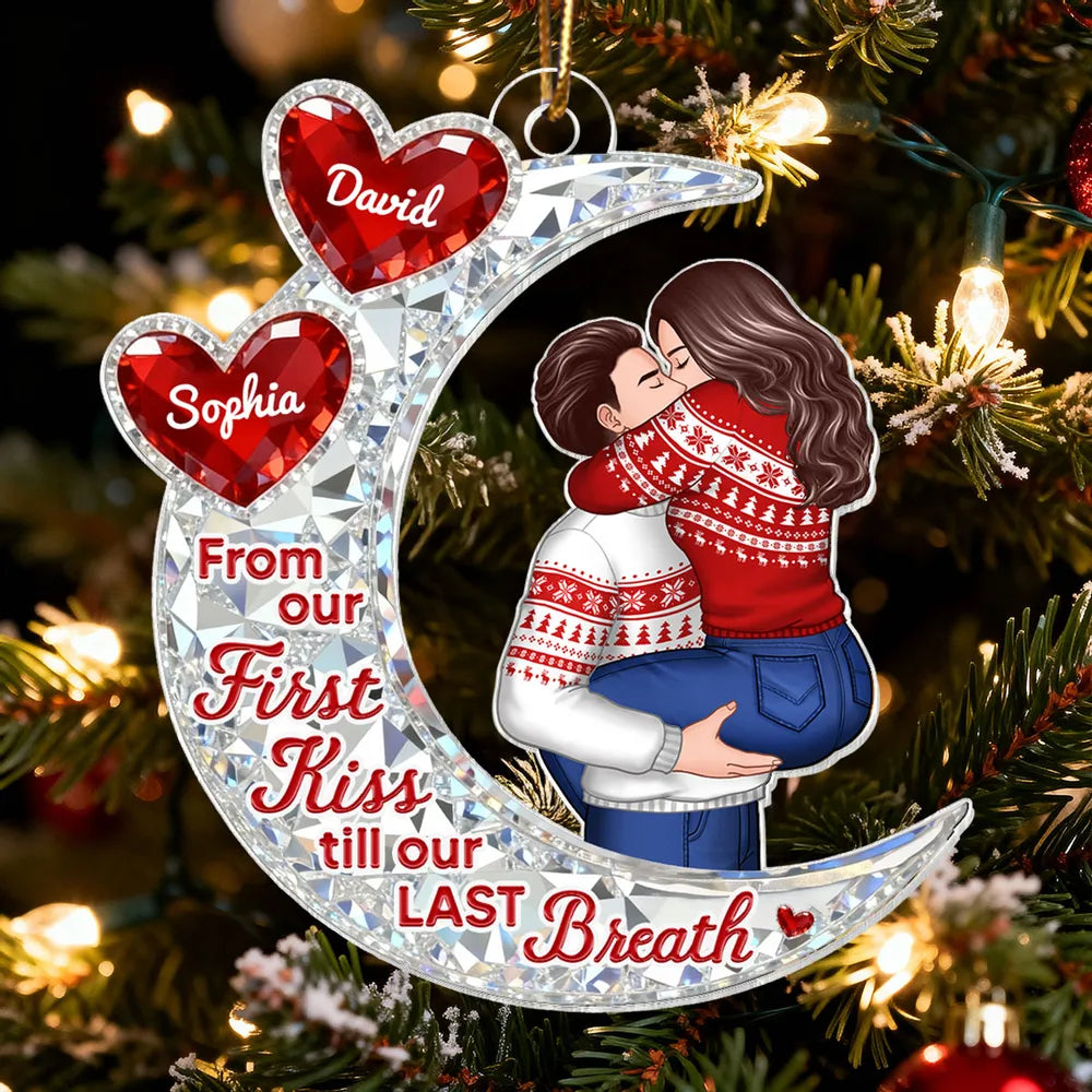 Custom Acrylic Ornament with Crescent Moon and Embracing Couple, Heartfelt From Our First Kiss Quote, Special Anniversary or Holiday Gift