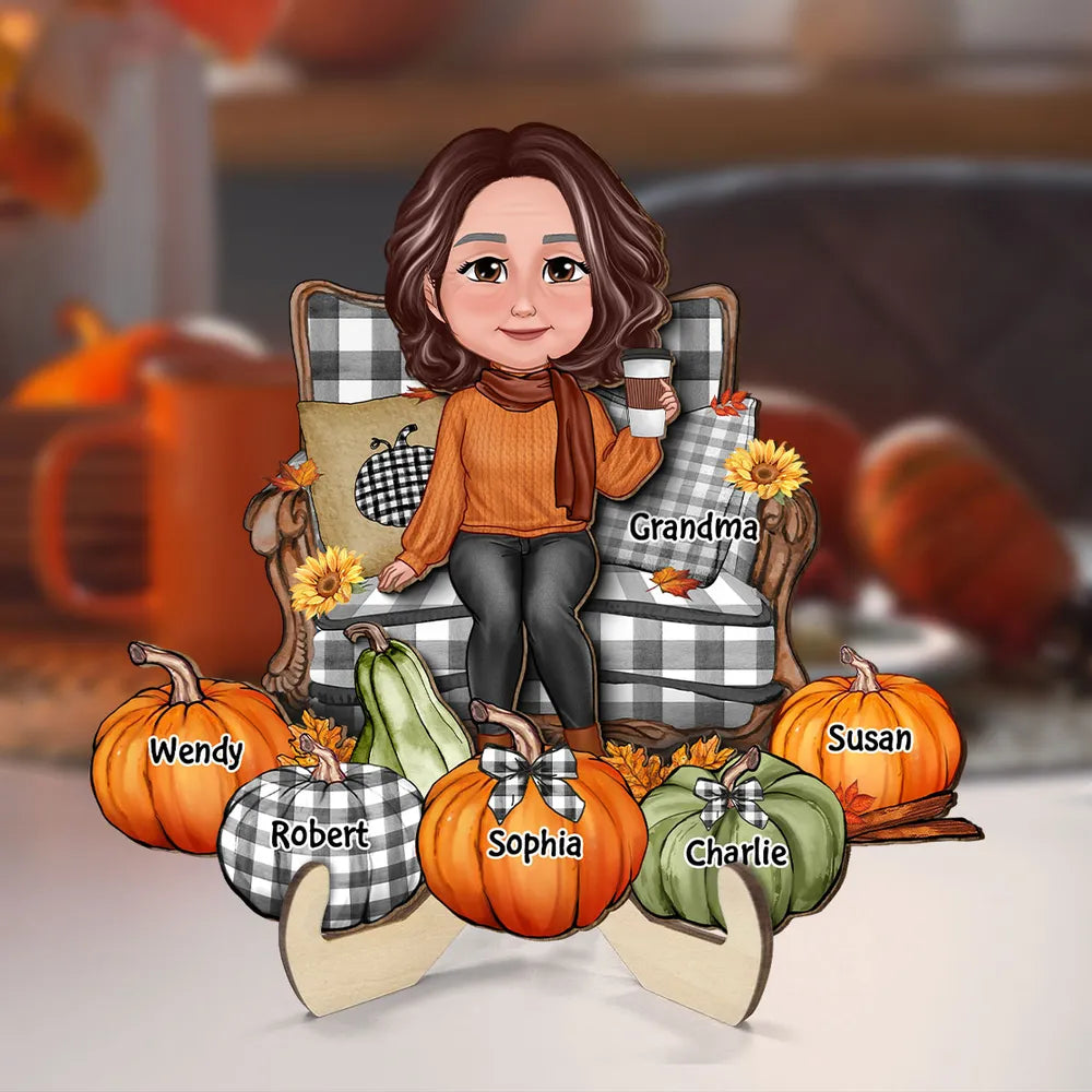"Personalized Grandma's Autumn Pumpkin Plaque, Poster, Keychain, Ornament, Pillow & Blanket and Cup - A Heartwarming Gift for Loved Ones"