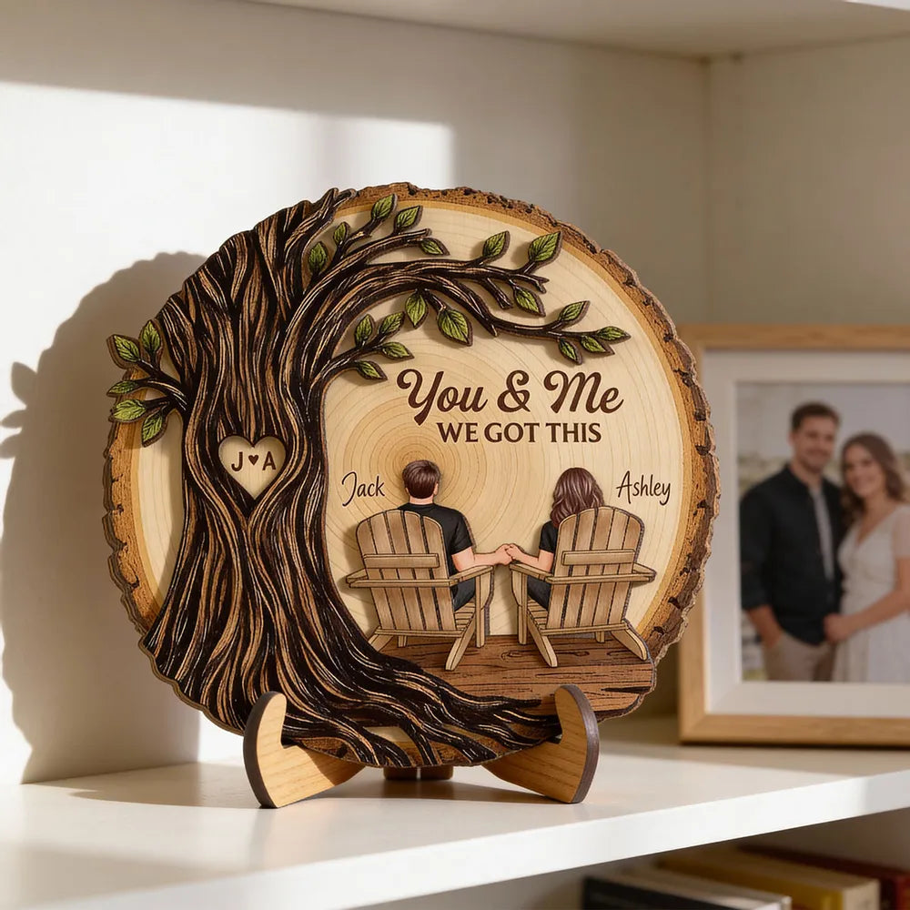 Personalized 2-Layer Wooden Plaque Couple Holding Hands Under Tree, You & Me We Got This, Unique Romantic Gift