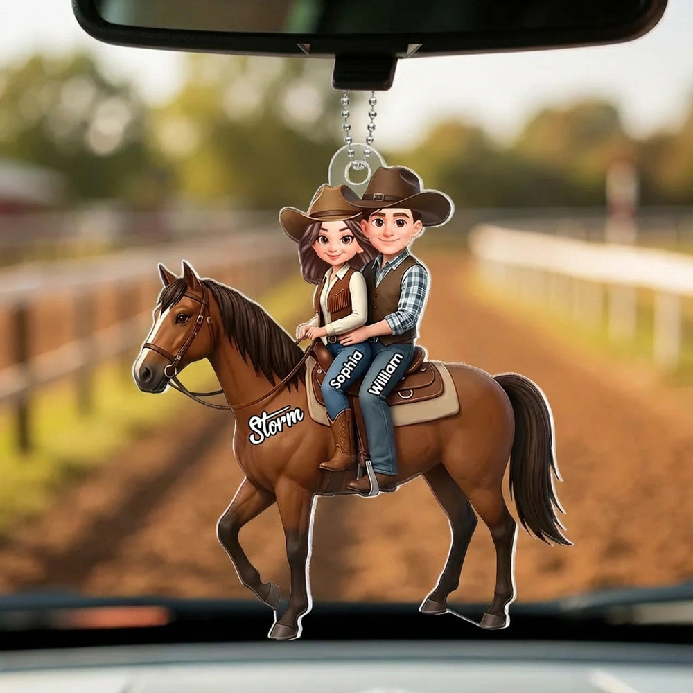 Personalized Acrylic Car Hanger Cute Cartoon Couple Riding a Horse, Unique Car Mirror Decor Gift for Horse Lovers