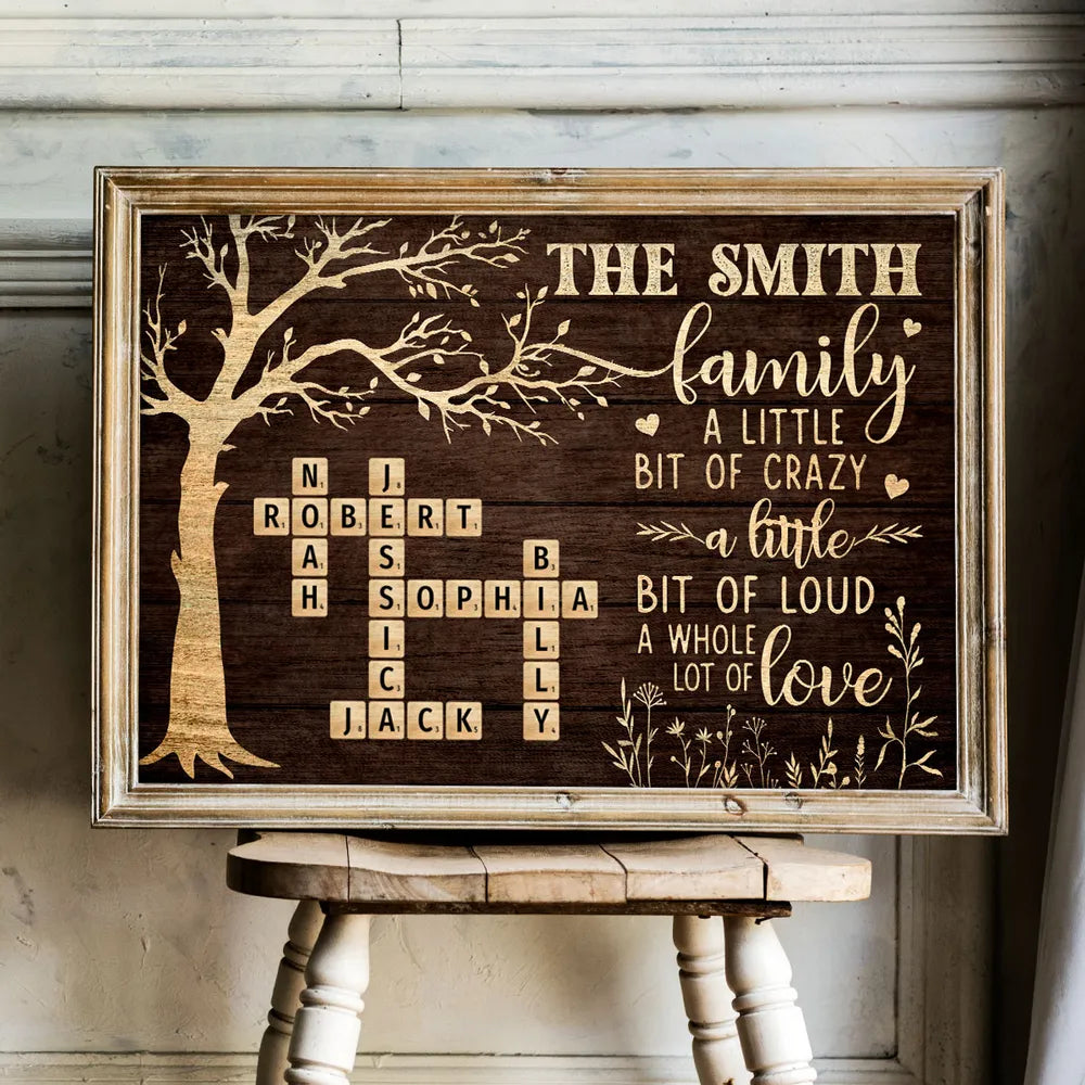 Custom Family Tree Poster with Name Crossword, Warm Wall Art Keepsake, Meaningful Housewarming or Christmas Gift