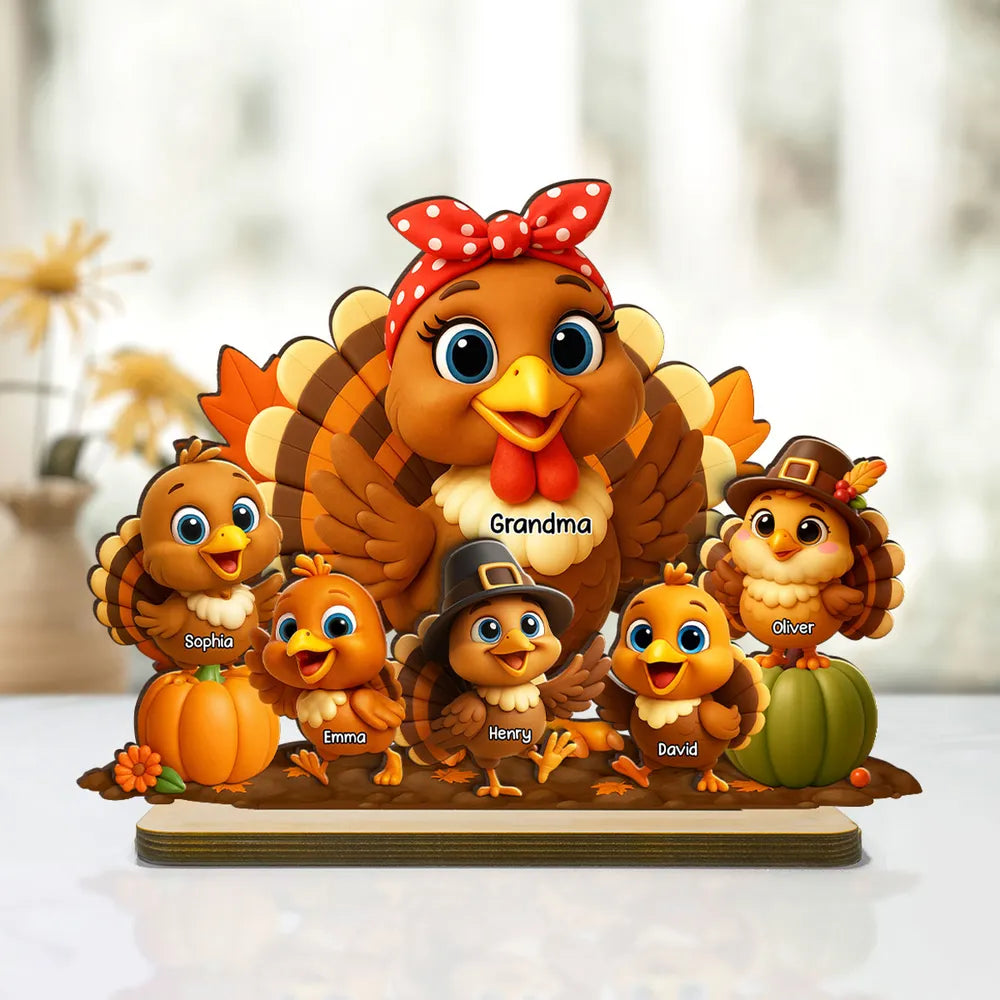 Fall Season Wooden Plaque with Adorable Turkey Family Artwork, Cozy Décor, Perfect Gift for Grandma
