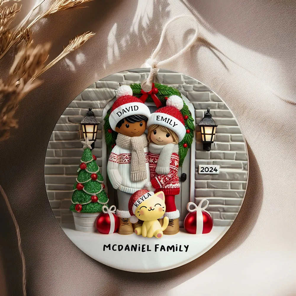 Ceramic Ornament Couple with Dogs at Festive Doorway, cozy tree-ready décor,perfect Christmas gift for pet-loving families