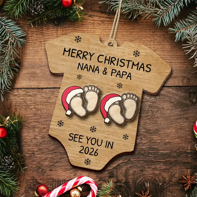 Custom Baby Announcement 2-Layer Wooden Ornament – Onesie Shape with Tiny Footprints – Adorable Nursery Decor and Creative Holiday Gift for Mommy and Daddy
