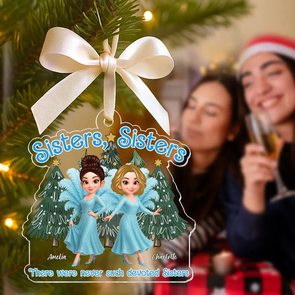 Personalized Sisters Acrylic Ornament featuring glitter blue dress design, holiday decoration and keepsake gift