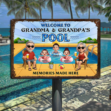 Summer Pool Party Vibes – Personalized Iron Sign with Family Illustration, Gift for Grandma & Grandpa
