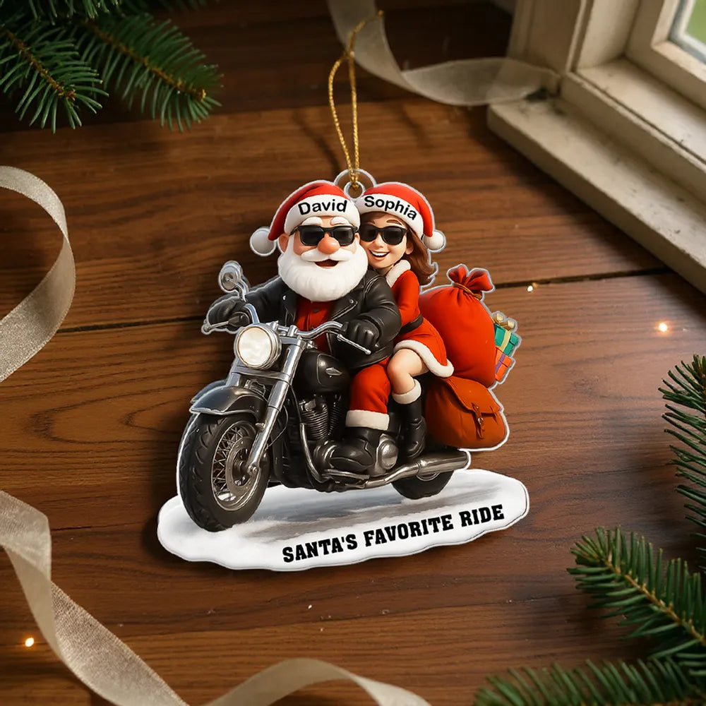 Acrylic Ornament Santa Biker Couple Ride, Christmas Tree Decor, Customizable Keepsake, Unique Gift for Couples
