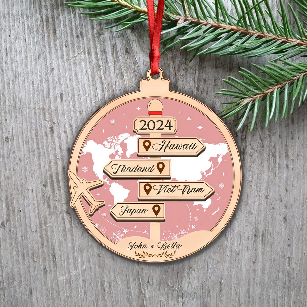 Wooden Travel-Themed Ornament – “Romantic Travel Memories” Personalized Decoration for Valentine’s and Christmas Couples’ Gift