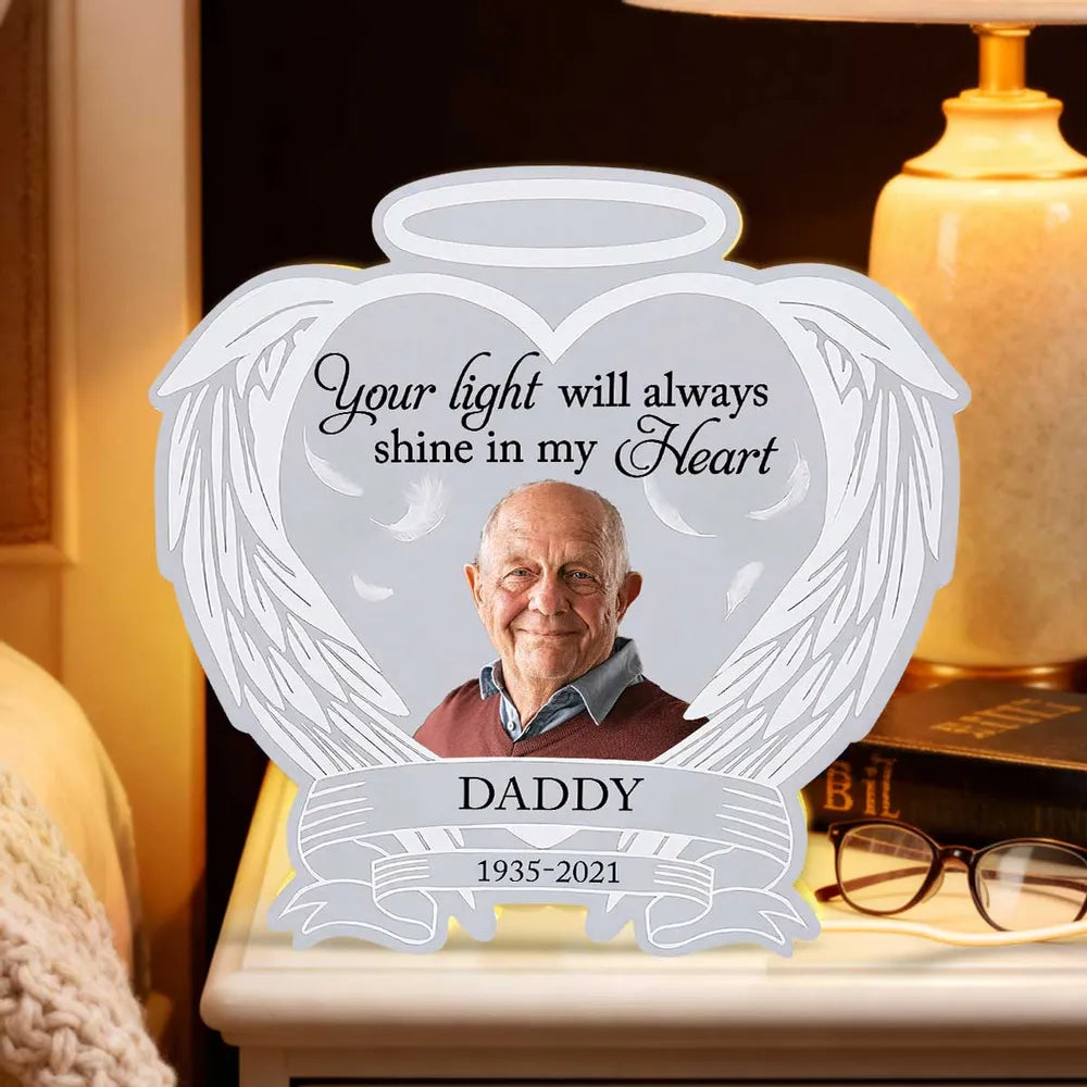 Acrylic Light Box Remembrance Lamp with Angel Wings Heart Design, Warm Glow Tribute, Unique Sympathy Gift for Family